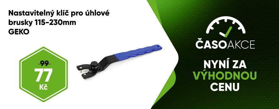 Nastavitelný klíč určený k utažení / odšroubování matice zajišťující kotouče v úhlové brusce nebo drážkovací frézce.