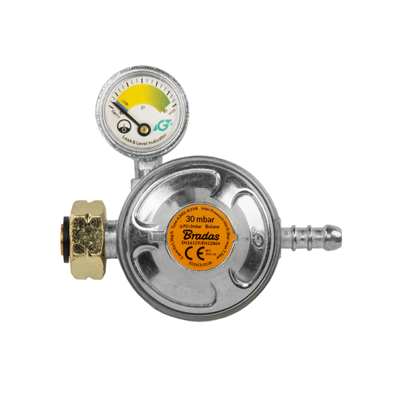 Regulátor tlaku plynu, 30mbar, 1.5kg/h, s pojistným ventilem a manometrem, pro hadici 9-10 mm BRADAS 0.23 Kg HOBY Sklad3 BR-RG A310IE-484-M 48