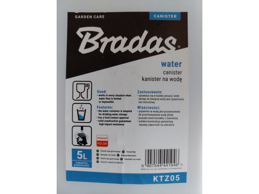 Plastový kanystr na vodu 5l s kohoutkem KTZ05 BRADAS Kg HOBY Sklad3 BR-KTZ05 5907544441946